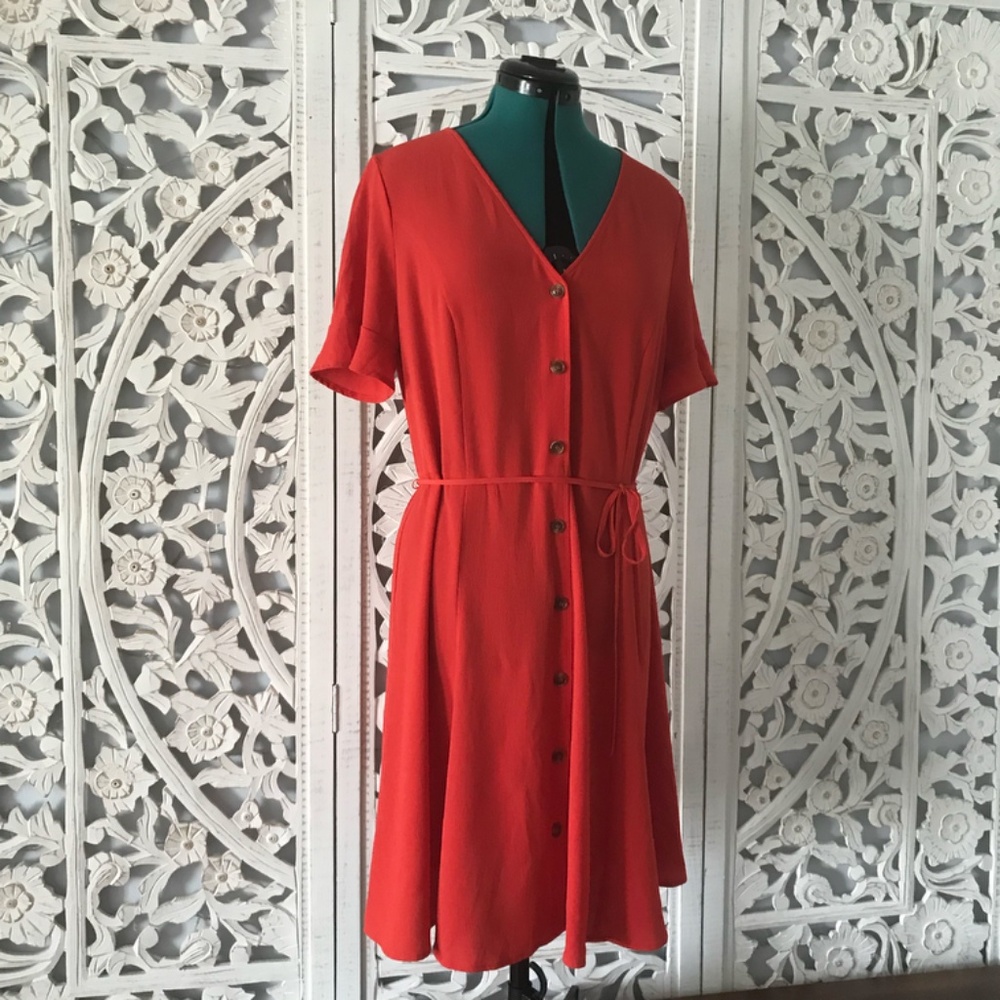 Violeta - Red Flutter Sleeve Button-Up Dress - image 7